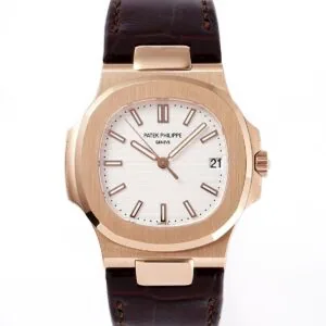 Nautilus Jumbo 5711 quadrante bianco in oro rosa con cinturino in pelle marrone