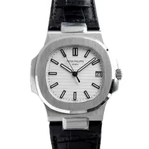 Nautilus Jumbo 5711 quadrante bianco in acciaio con cinturino in pelle nero